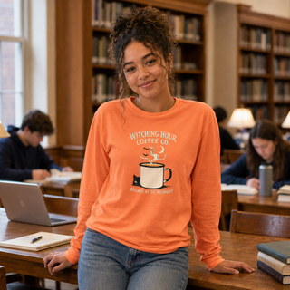 Woman wearing Melon Witching Hour Coffee Co long sleeve shirt
