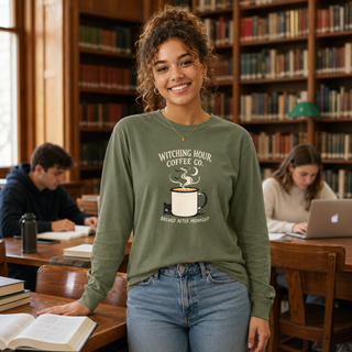 College student wearing Hemp Witching Hour Coffee shirt in a library