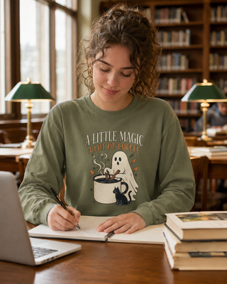 College student wearing Hemp ghost coffee long sleeve shirt in a university library