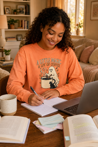 College student wearing Melon A Little Magic coffee shirt while studying