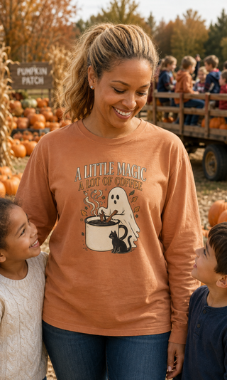 Mom wearing Yam Halloween coffee long sleeve shirt at a pumpkin patch
