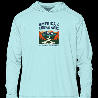 Artic Blue National Parks solar hoodie with lightweight long sleeves and vintage public lands artwork.