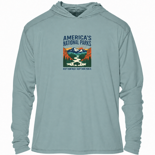Slate Blue National Parks solar hoodie with lightweight long sleeves and vintage public lands artwork.
