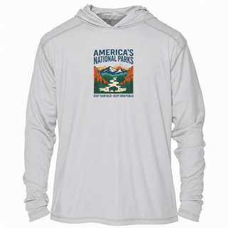 Pearl Grey National Parks solar hoodie with lightweight long sleeves and vintage public lands artwork.