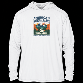 White National Parks solar hoodie with lightweight long sleeves and vintage public lands artwork.