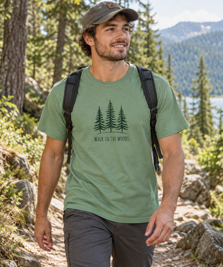 Young man hiking in a Walk in the Woods short-sleeve nature T-shirt