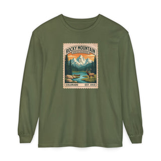 Rocky Mountain National Park Comfort Colors long sleeve tee, vintage stamp graphic