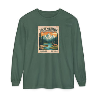 Rocky Mountain vintage stamp long sleeve shirt with bull elk, canoe and spruce trees
