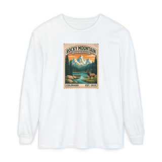 Rocky Mountain National Park long sleeve shirt with vintage stamp of snowy peaks, alpine lake and elk