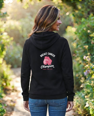 Back of the black Breast Cancer Champion zip hoodie on a woman, with pink boxing gloves and Fight for Life lettering