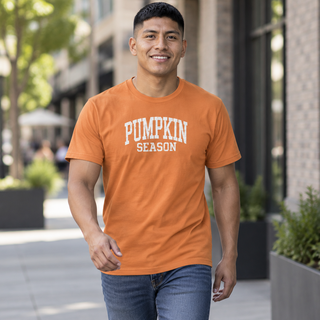 Man wearing Burnt Orange Pumpkin Season t-shirt with white lettering