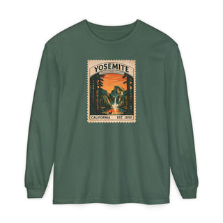 Yosemite vintage stamp long sleeve shirt with Half Dome, deer and sequoias