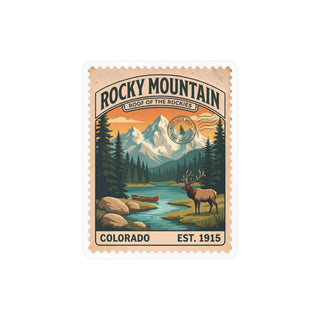 Rocky Mountain National Park vintage stamp sticker with an elk, alpine lake and snowy peaks – view 2