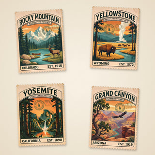 Four vintage postmarked National Park stamp stickers: Yellowstone, Yosemite, Grand Canyon and Rocky Mountain