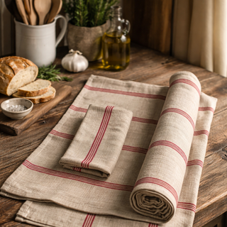 Red striped cotton table runner on a farmhouse table with matching napkin – Artisan Grove