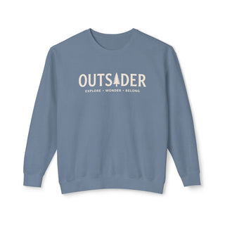 Outsider unisex crewneck sweatshirt in muted Blue Jean with cream pine tree graphic