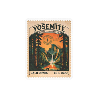 Yosemite National Park vintage stamp sticker with Half Dome, a waterfall and giant sequoias – view 2