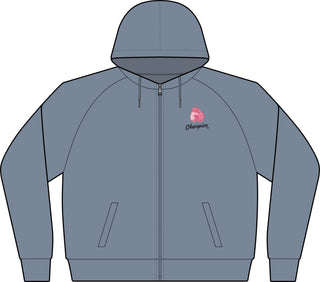 Front of the Breast Cancer Champion zip hoodie in Flint Blue Heather with a pink boxing glove chest crest