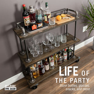 Three-Tier Wood and Pipe Bar Cart with Locking Wheels – Trail Brown