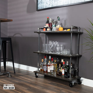 Three-Tier Wood and Pipe Bar Cart with Locking Wheels – Trail Brown