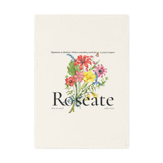 Roseate Floral Cotton Tea Towel – Vintage Bouquet Kitchen Towel with 'Roseate' Typography