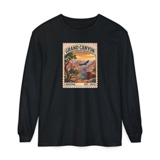 Grand Canyon National Park long sleeve shirt with vintage stamp of red-rock canyon and Colorado River