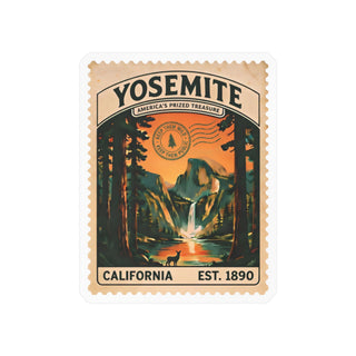 Yosemite National Park vintage stamp sticker with Half Dome, a waterfall and giant sequoias