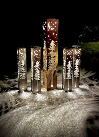 4-Sided Night Sky Pine Tree Solar Pillar - Steel