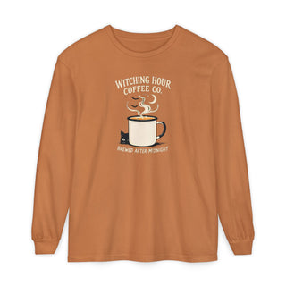 Witching Hour Coffee Co long sleeve yam colored Halloween shirt with black cat and moon