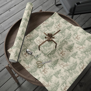 Woodland Deer and Pine wrapping paper roll on a rustic wooden tray with scissors