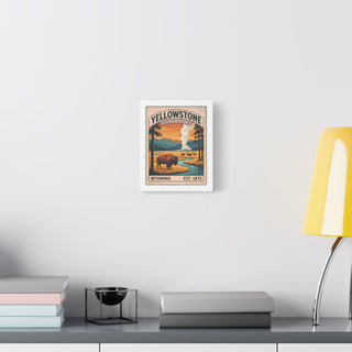 Yellowstone National Park canvas wall art hanging in a bright living room