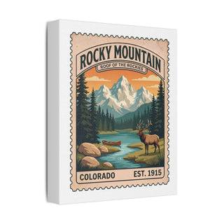 Rocky Mountain vintage stamp canvas print – side view showing gallery-wrapped edge
