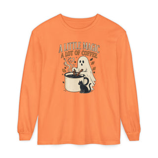 A Little Magic A Lot of Coffee long sleeve, melon colored Halloween shirt with ghost and black cat