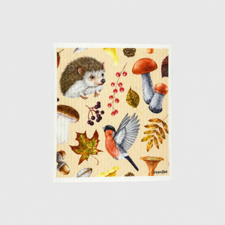 Woodland Swedish dishcloth with hedgehog, bird, mushrooms, berries and autumn leaves