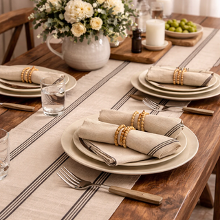 Black and beige striped napkins with matching table runner – Artisan Grove