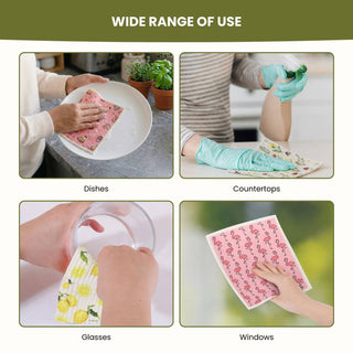 A four-panel usage collage showing a reusable patterned cleaning cloth being used to wash dishes, clean countertops, rinse glasses, and wipe windows. The panels include hands holding the cloth in real-use scenarios, with labels underneath each photo and the headline 'WIDE RANGE OF USE' at the top.