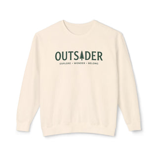 Outsider unisex crewneck sweatshirt in ivory with green pine tree graphic and Explore Wonder Belong tagline