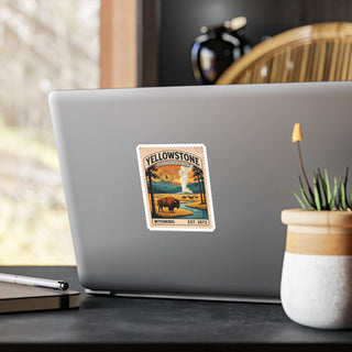 Yellowstone National Park vintage stamp sticker with a bison, a river and Old Faithful – view 8