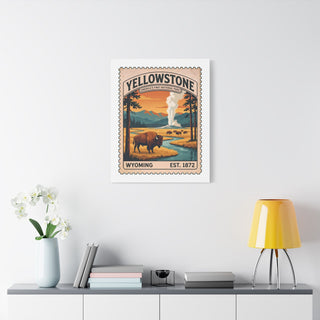 Large Yellowstone National Park canvas print above a white console in a modern room