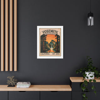 Large Yosemite vintage stamp canvas print on a dark accent wall