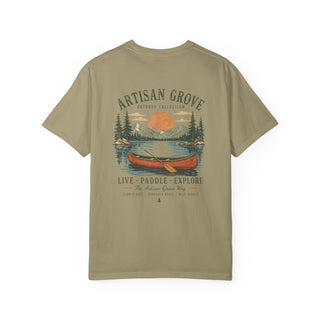 Live, Paddle & Explore T‑Shirt –Garment-Dyed Cotton Tee with Vintage Canoe & Lakeside Graphic - Artisan Grove