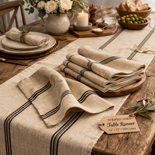 Black and beige striped cotton napkins on a farmhouse table setting – Artisan Grove