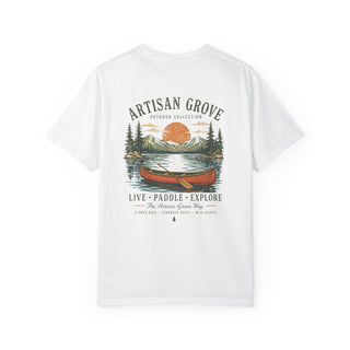 Live, Paddle & Explore T‑Shirt –Garment-Dyed Cotton Tee with Vintage Canoe & Lakeside Graphic - Artisan Grove