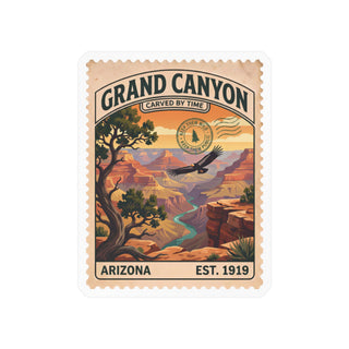 Grand Canyon National Park vintage stamp sticker with red canyon walls, the Colorado River and a condor