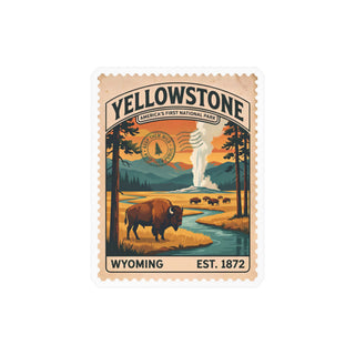 Yellowstone National Park vintage stamp sticker with a bison, a river and Old Faithful – view 2