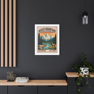 Large Rocky Mountain vintage stamp canvas print on a dark accent wall
