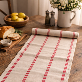 Red and beige grain-sack striped cotton table runner, rolled – Artisan Grove