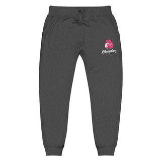 Breast Cancer Champion fleece joggers in Charcoal Heather with embroidered pink boxing gloves and Champion script on the leg