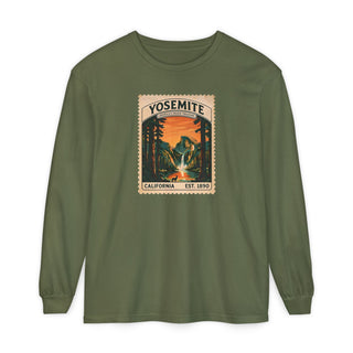 Yosemite National Park Comfort Colors long sleeve tee, vintage stamp graphic