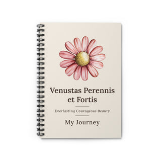 Resilient Daisy My Journey journal in cream, front cover with hand-painted pink daisy and the words Venustas Perennis et Fortis